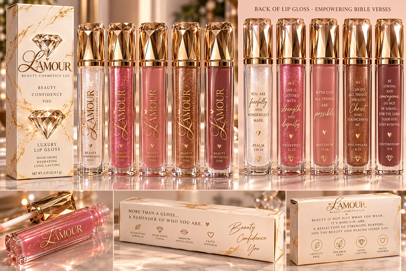 Luxury L’Amour lip gloss tubes in elegant shades